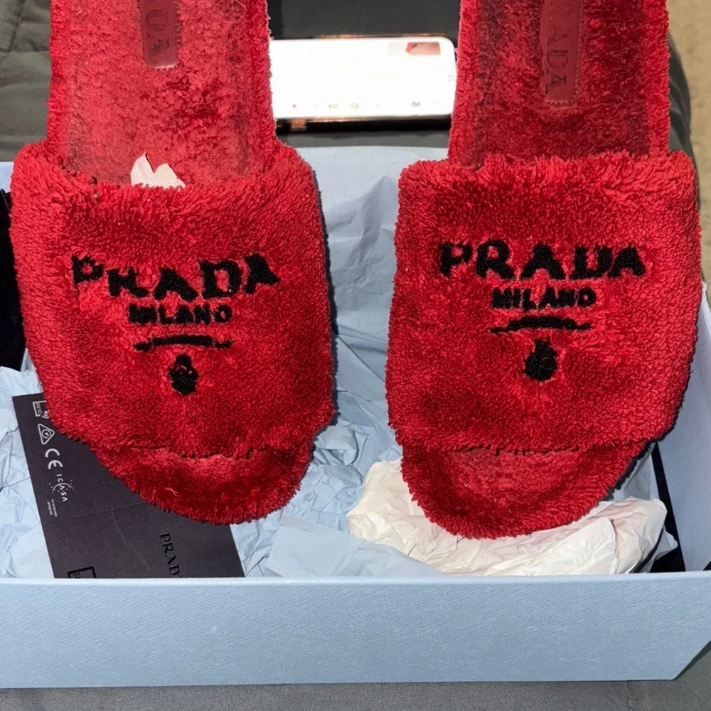 Prada Red Fuzzy Slide Sandals - Picture 5 of 9